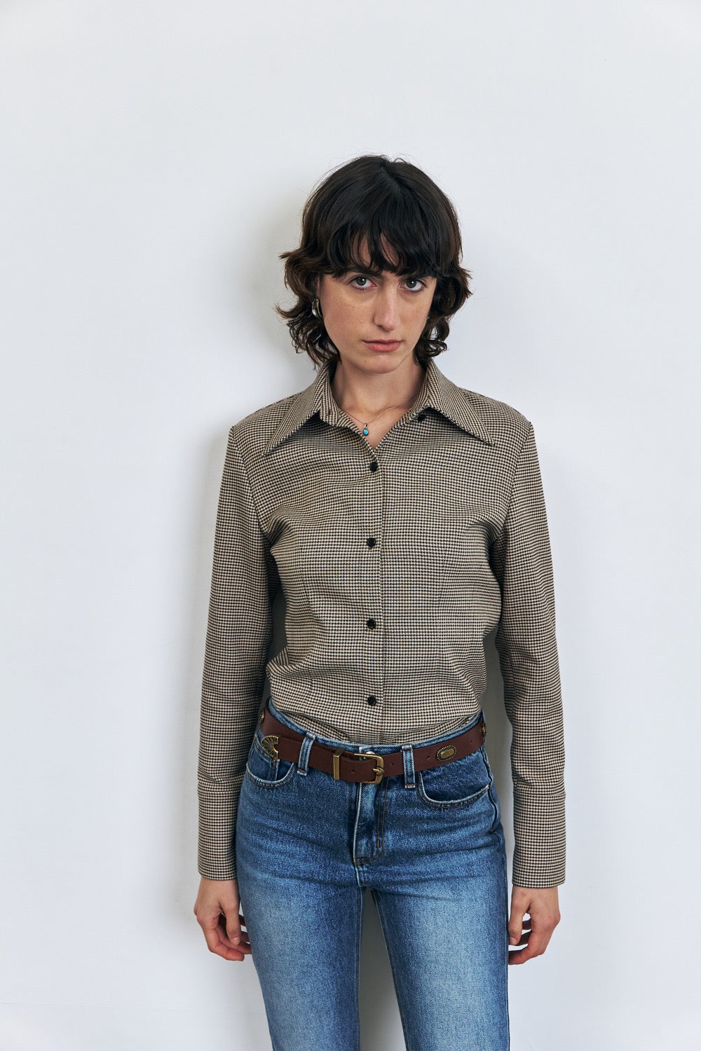 Checkered Fitted Blouse, Khaki