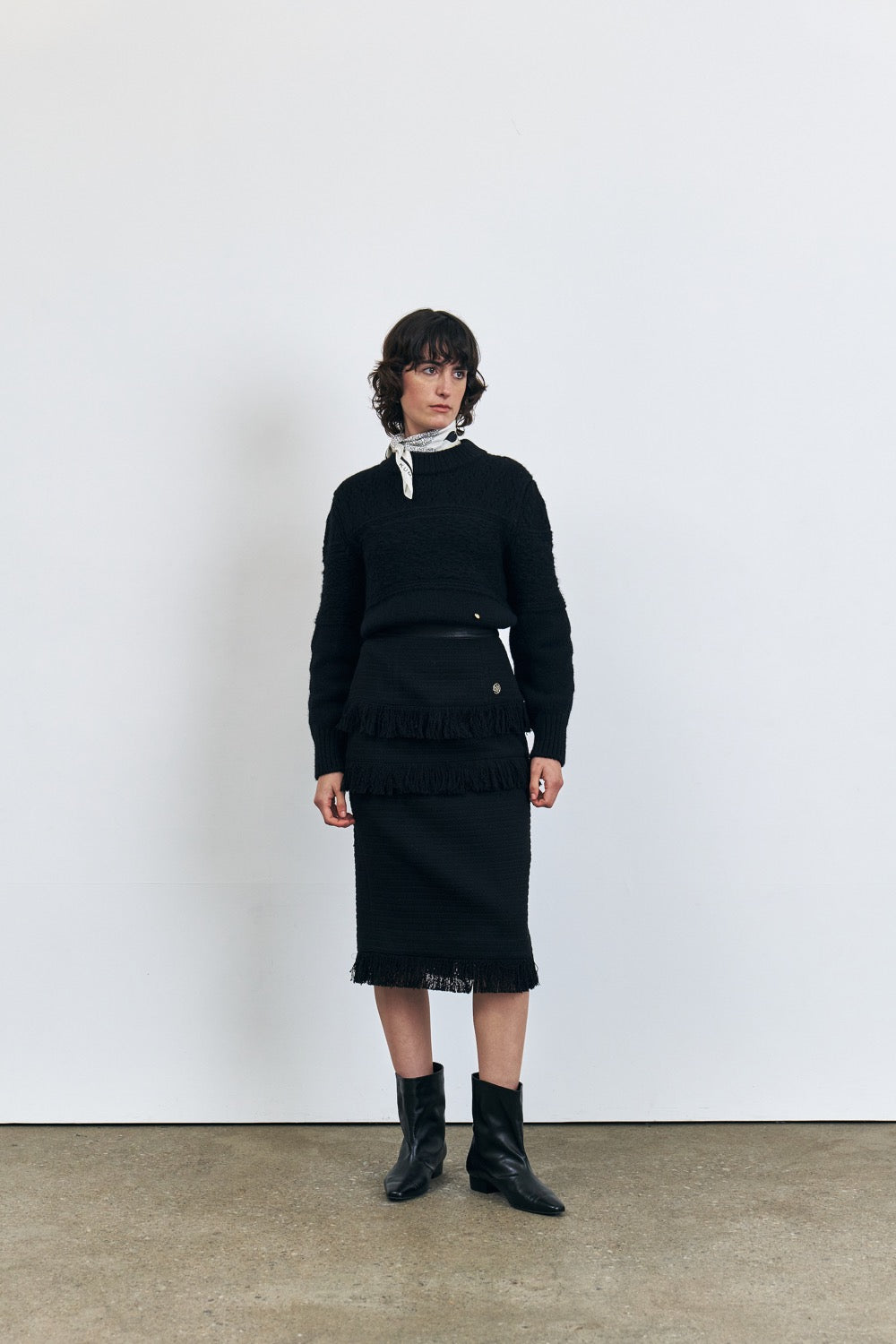Tweed Fringe Midi Skirt, Black