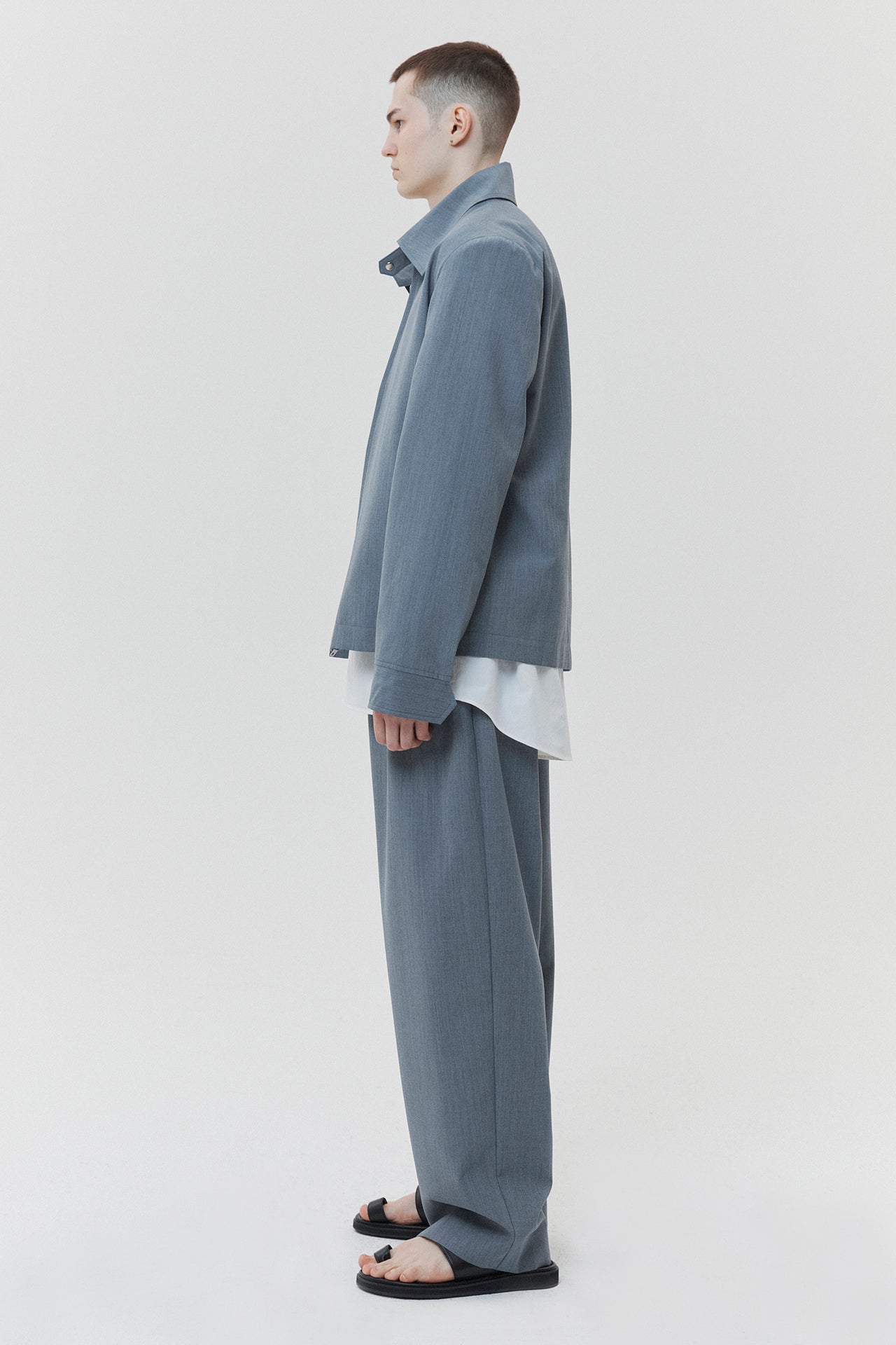 Wool Tuck Wide Trousers Ash Blue