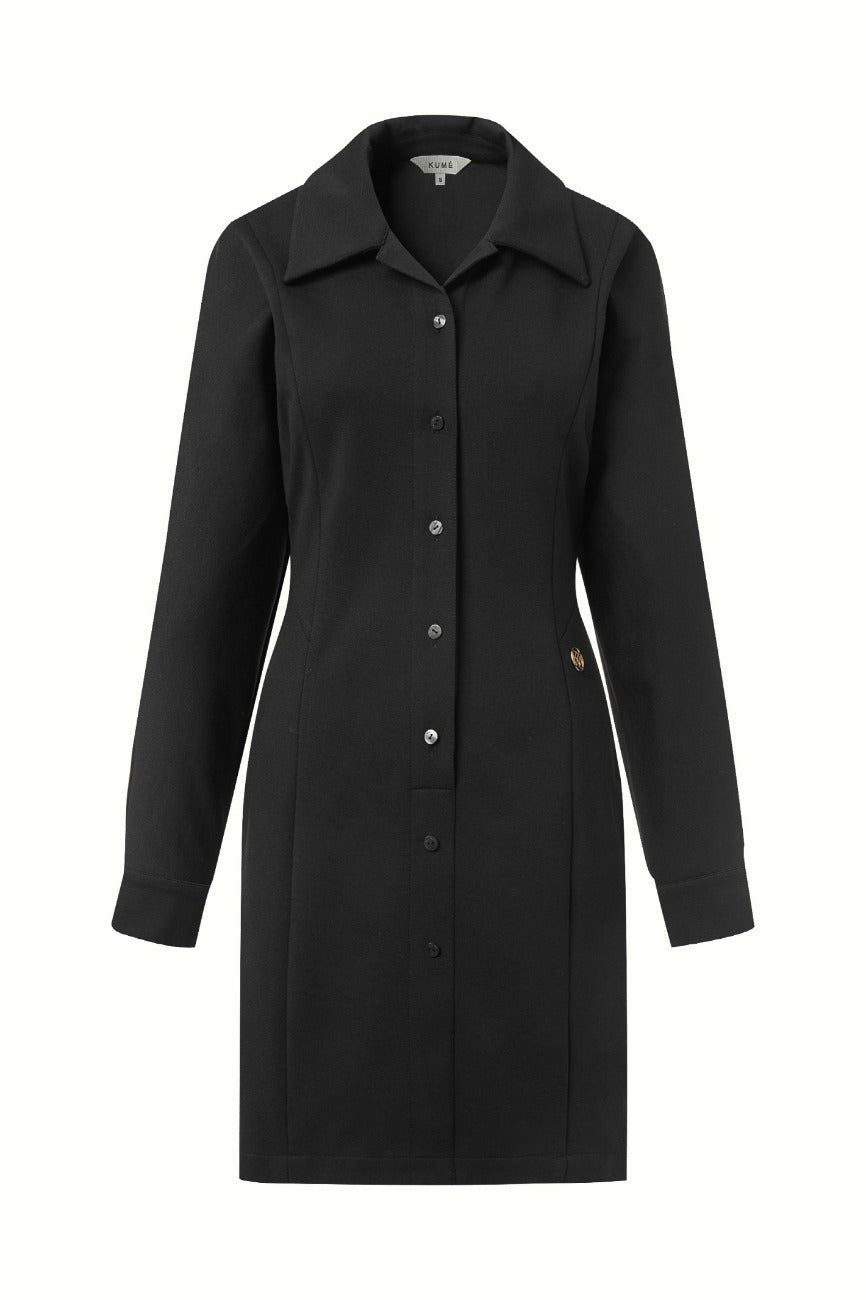 STRETCH COTTON SHIRT DRESS, BLACK