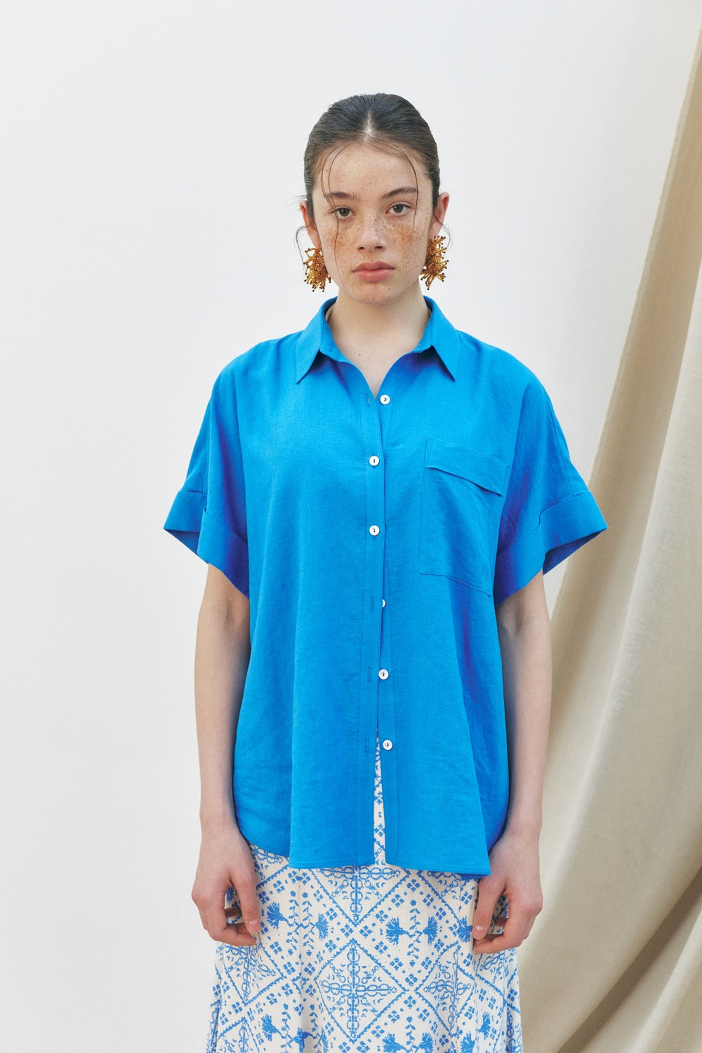 Oversized Rolled Up Half-Sleeved Shirt, Blue