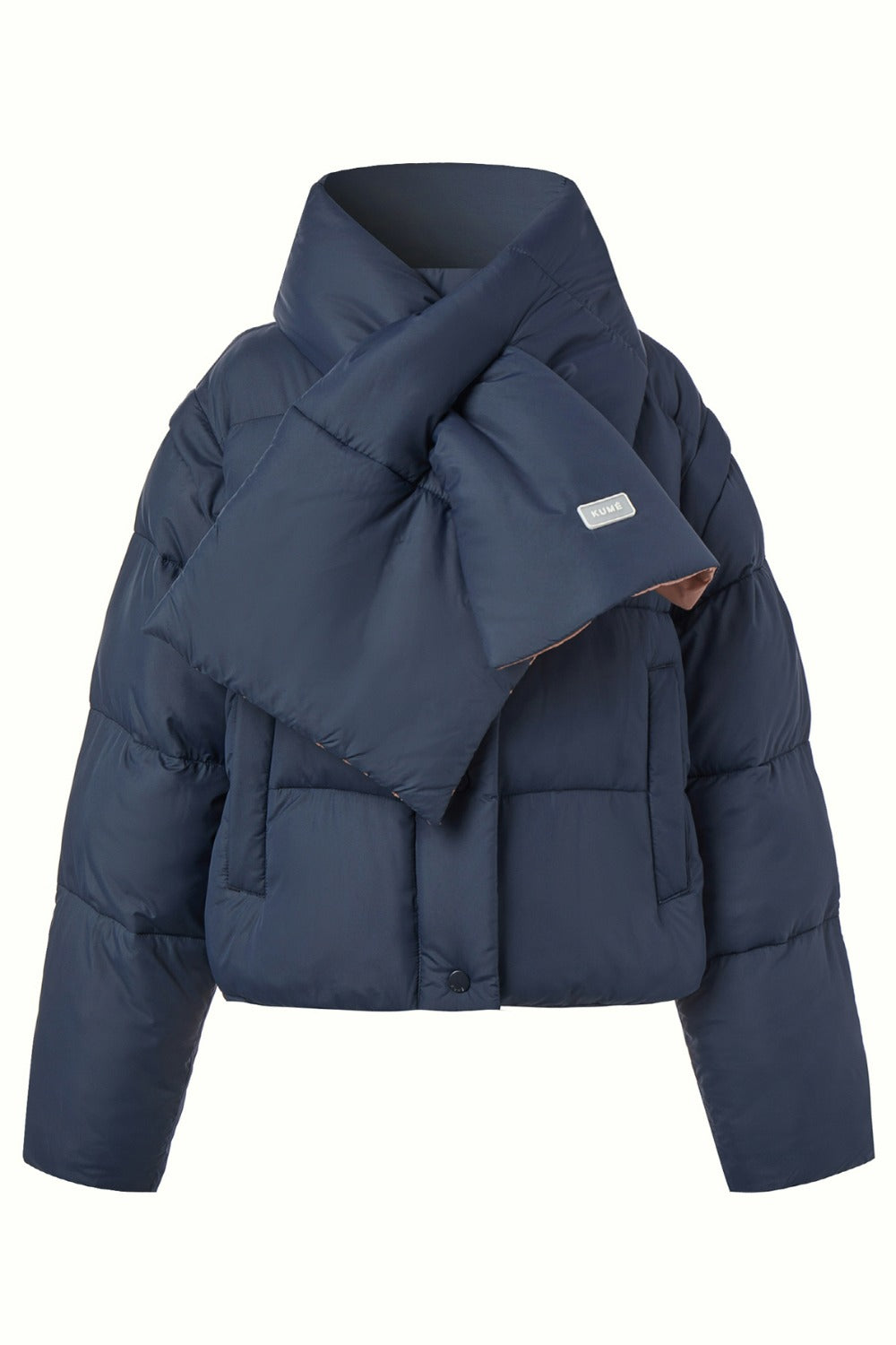 ECO-FRIENDLY CROPPED PUFFER JACKET WITH NECK WARMER, DARK NAVY