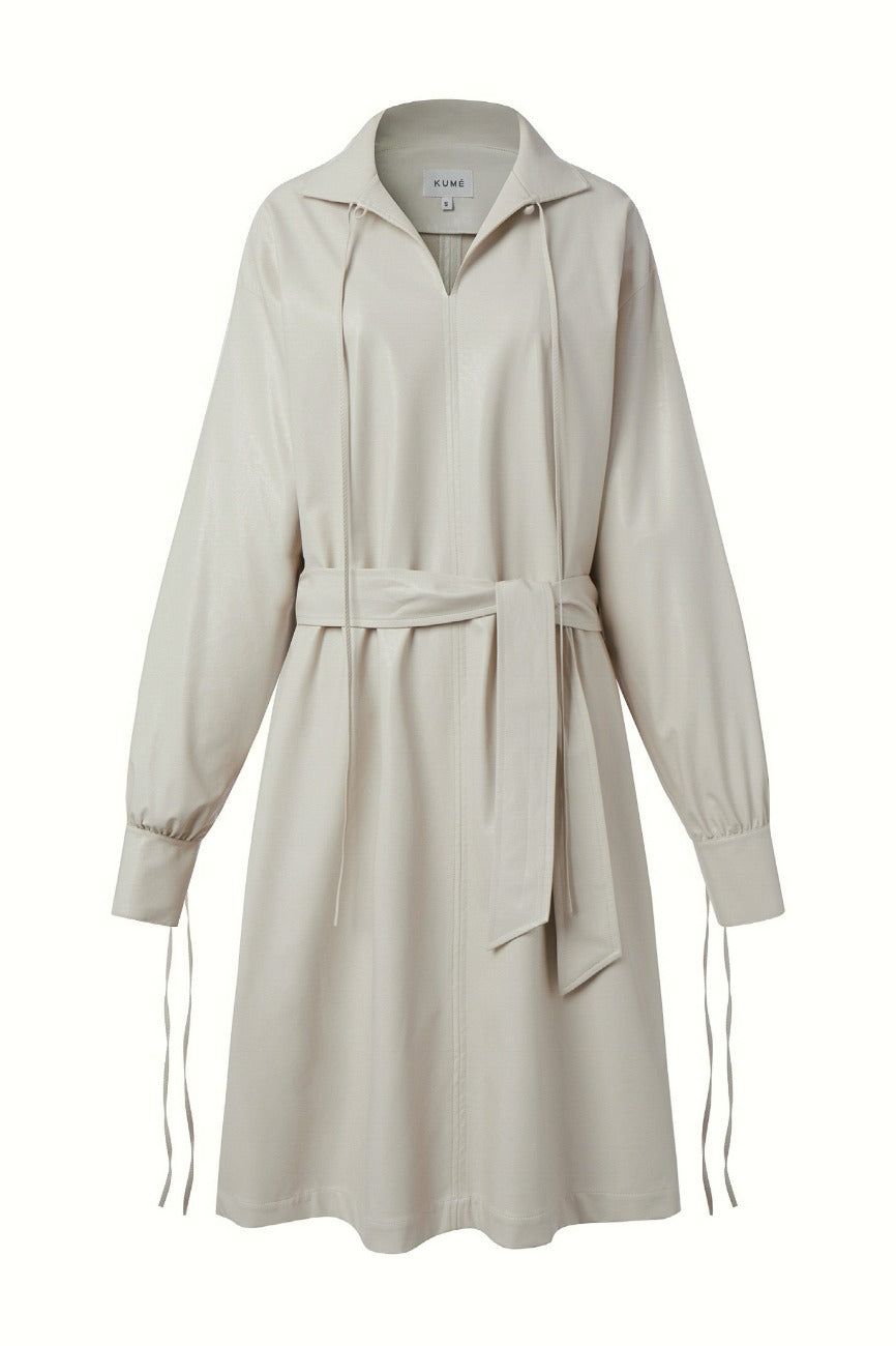 FAUX LEATHER BELTED DRESS, IVORY
