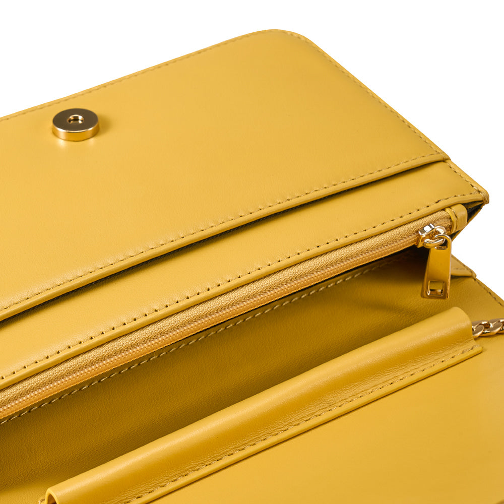 Cow Leather Gold Chain Clutch Bag, Yellow