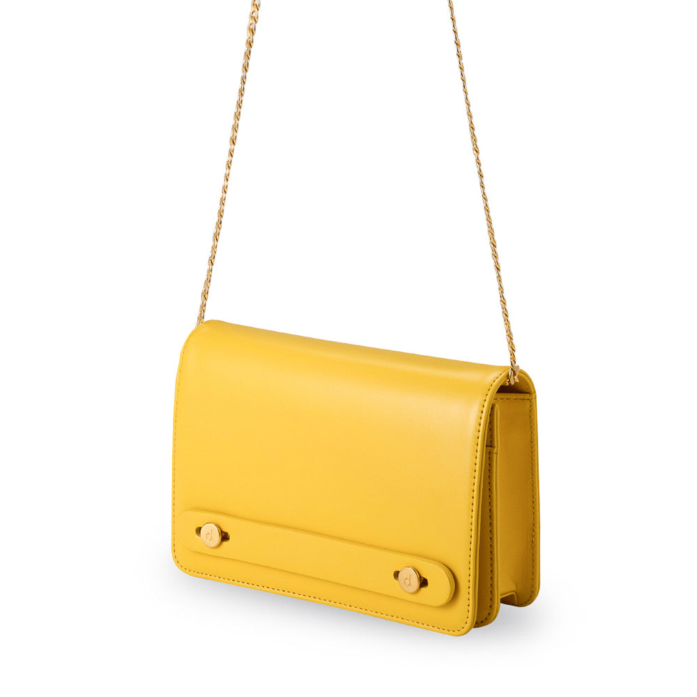 Cow Leather Gold Chain Clutch Bag, Yellow