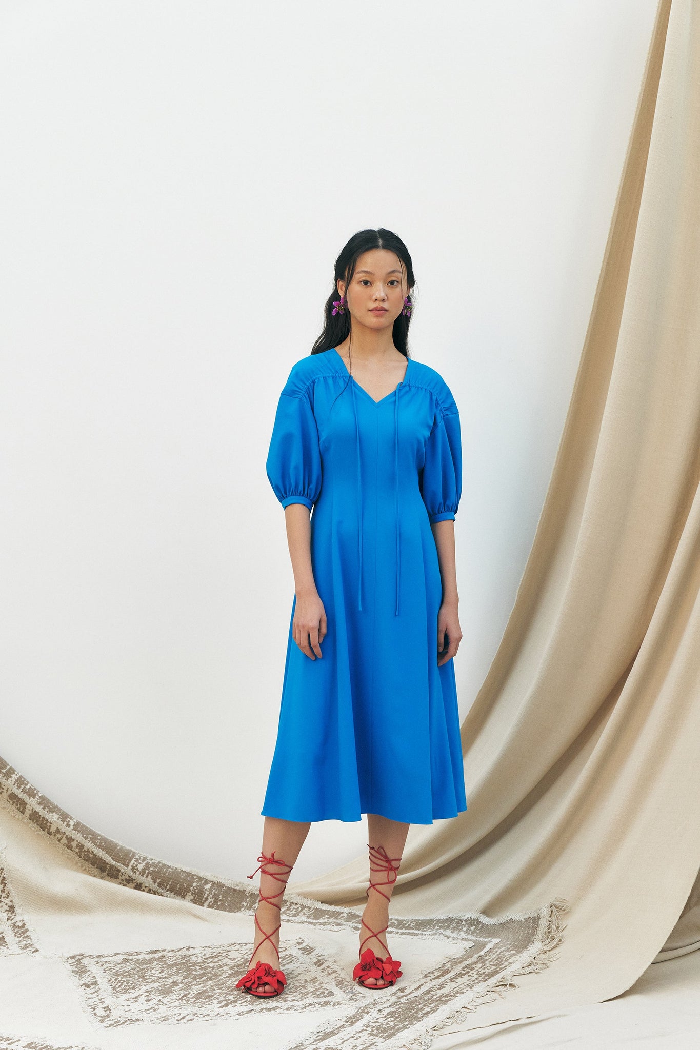 Balloon Sleeve Satin Shirring Dress, Blue