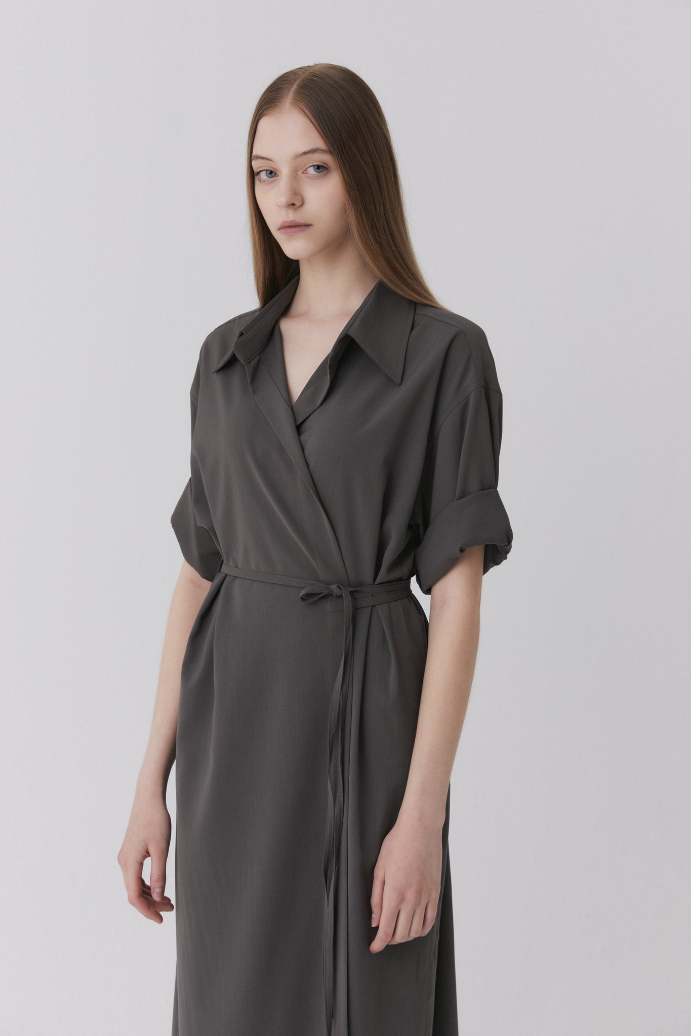 31 wrap dress (greyish khaki) - LINGER GALLERY