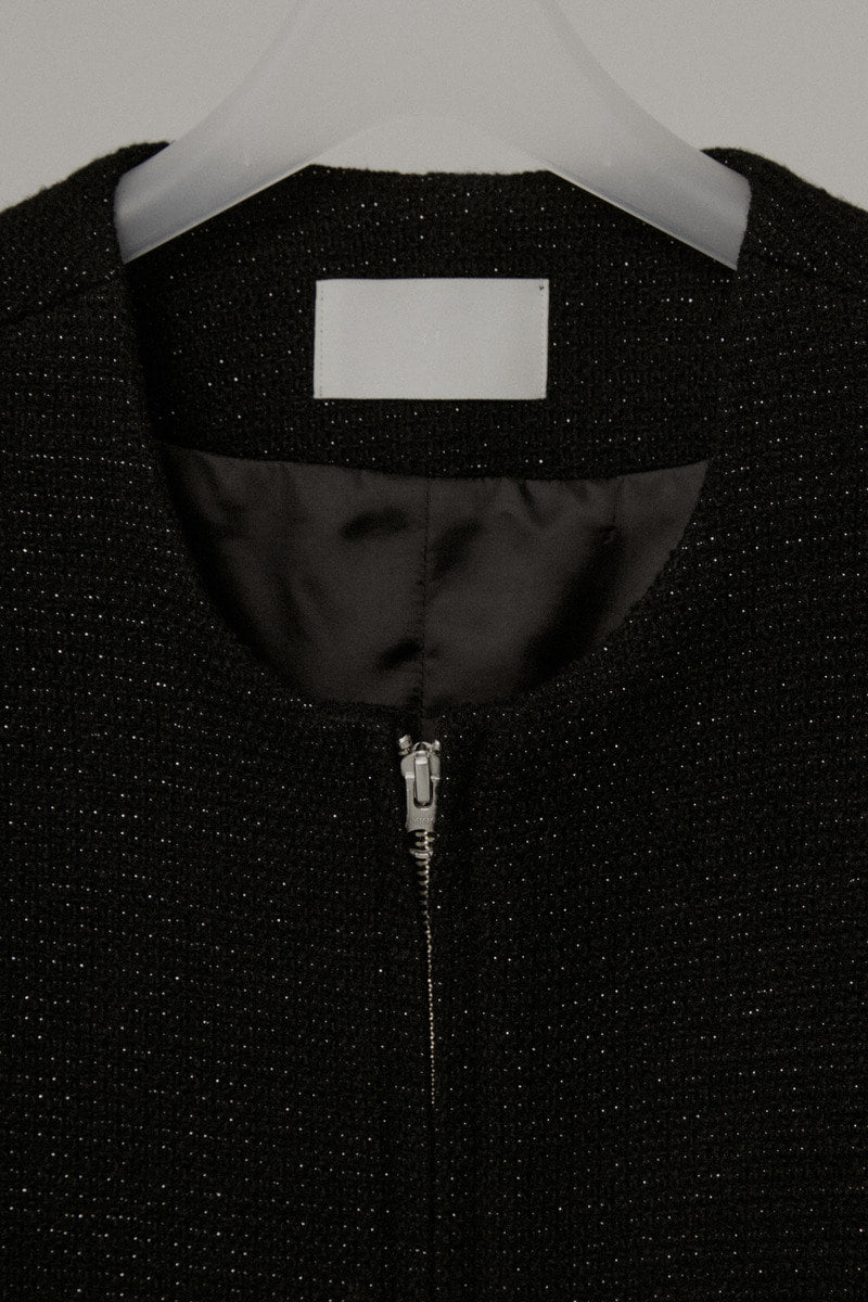 31 wool blend tweed zip up jacket (black) - LINGER GALLERY