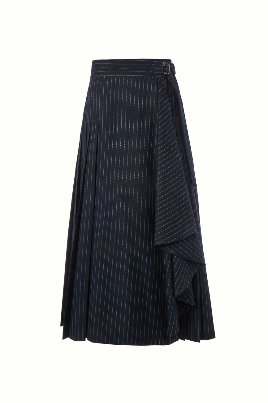 PINSTRIPED DRAPED WRAP SKIRT, NAVY