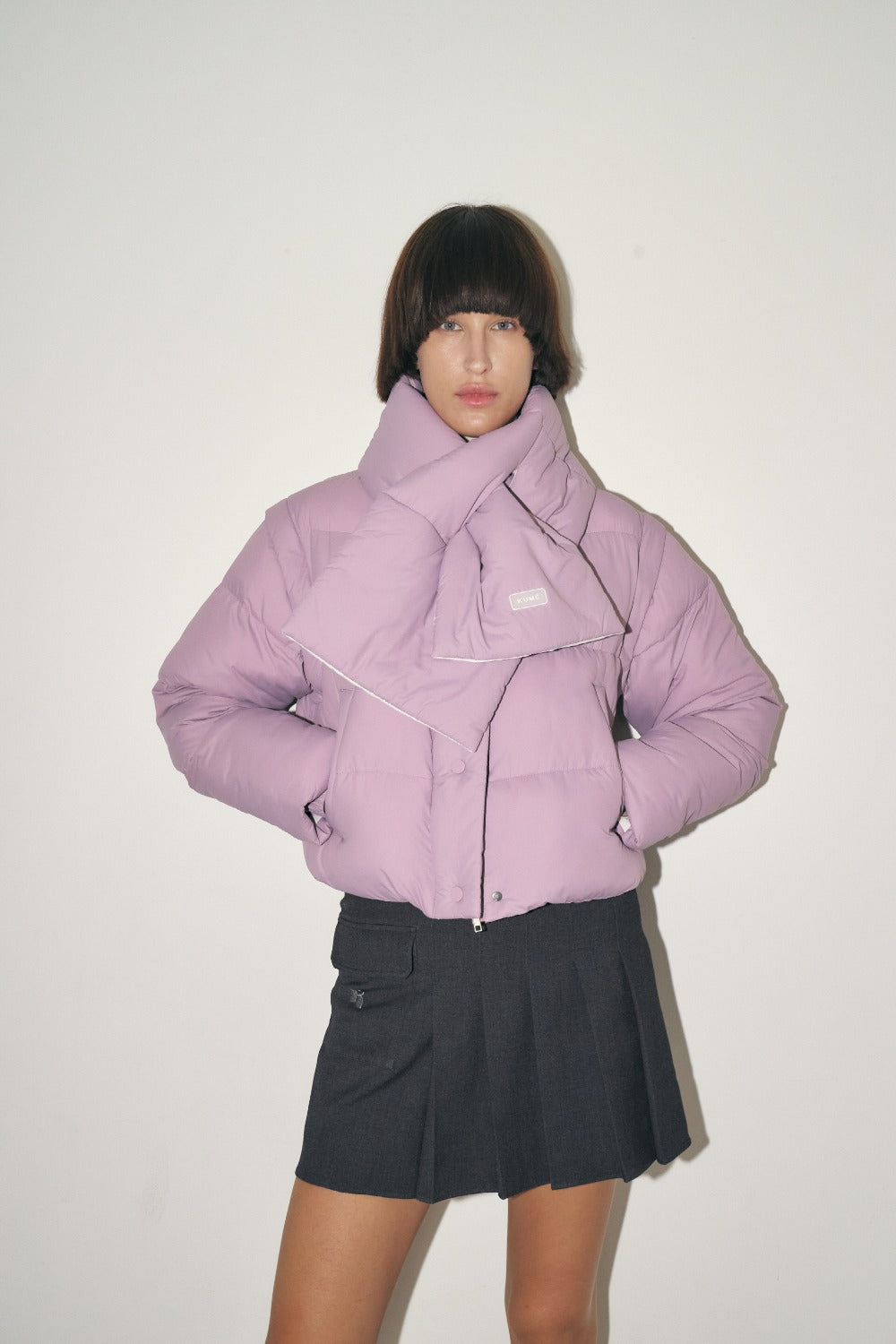 ECO-FRIENDLY CROPPED PUFFER JACKET WITH NECK WARMER, PINK